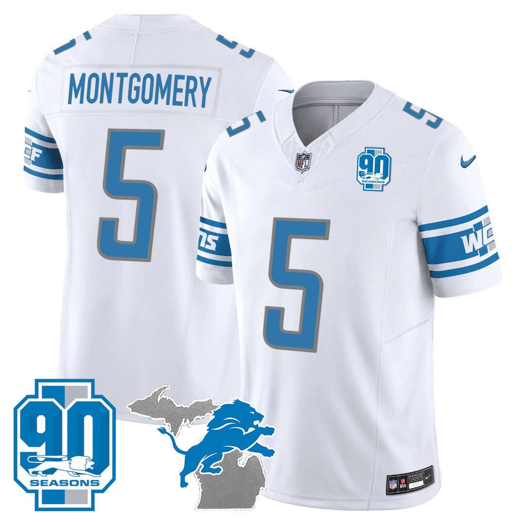 Men Detroit Lions #5 Montgomery White 2024 Nike 90th Year Michigan Patch Vapor NFL Jersey